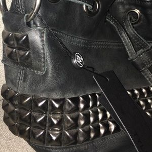 Genuine leather studded bucket bag